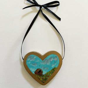 "TINY BARN" Hand Painted Heart Ornament Art Wall Decor Oil Painting Signed